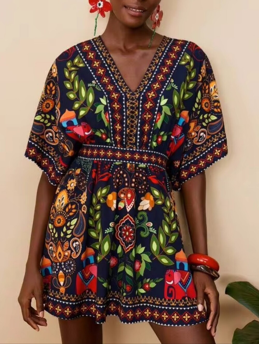 SHEIN Navy Multi Floral V-Neck Boho Tunic